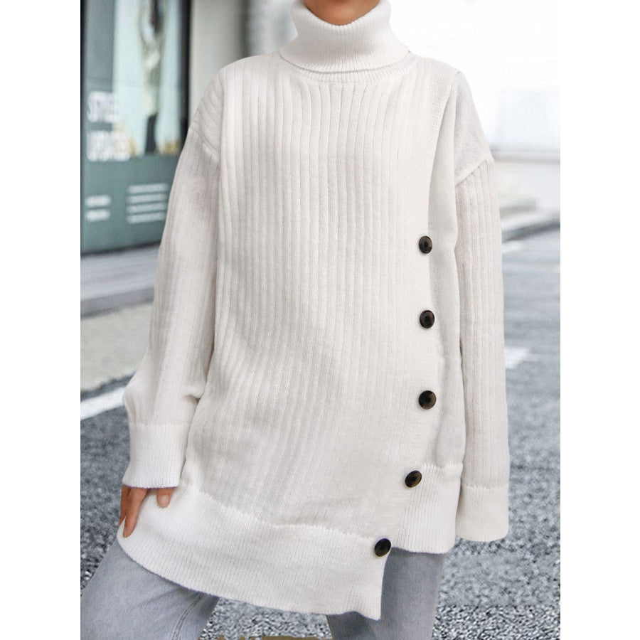 Turtleneck Dropped Shoulder Long Sleeve Sweater White / One Size Apparel and Accessories