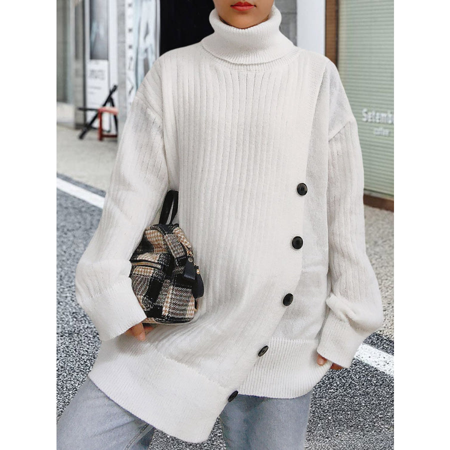 Turtleneck Dropped Shoulder Long Sleeve Sweater White / One Size Apparel and Accessories