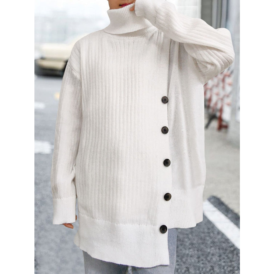 Turtleneck Dropped Shoulder Long Sleeve Sweater White / One Size Apparel and Accessories