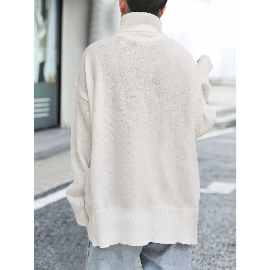 Turtleneck Dropped Shoulder Long Sleeve Sweater White / One Size Apparel and Accessories