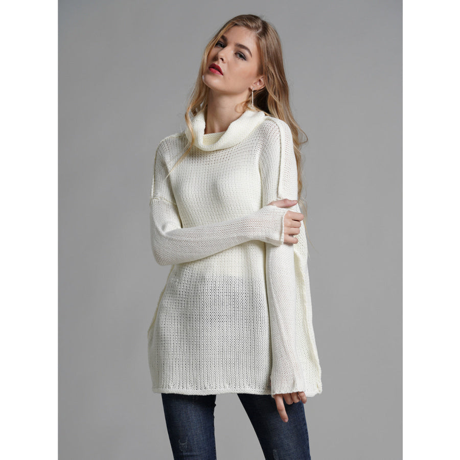 Turtleneck Dropped Shoulder Long Sleeve Sweater White / S Apparel and Accessories