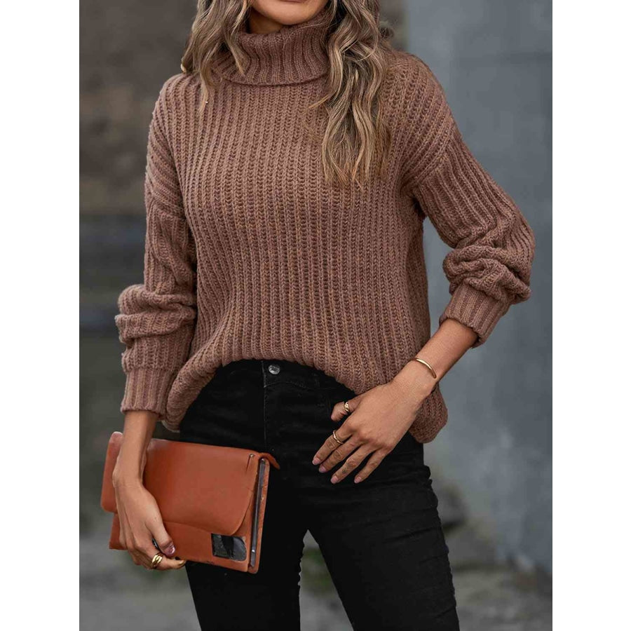 Turtleneck Dropped Shoulder Pullover Sweater Chestnut / S