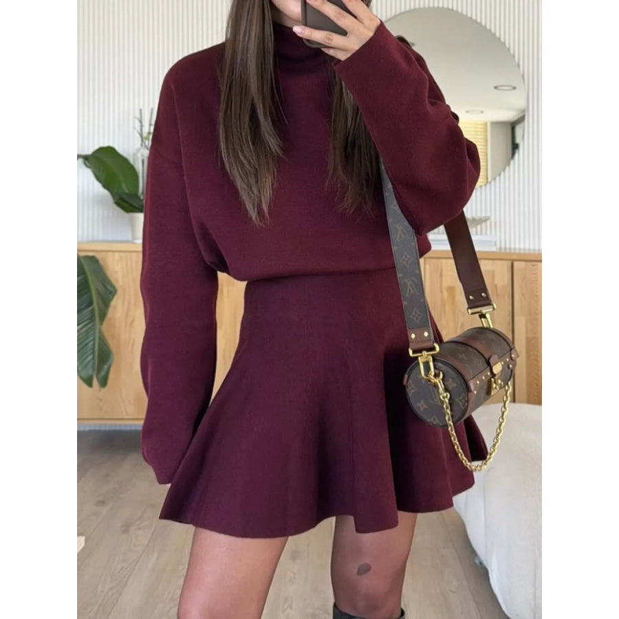 Turtleneck Dropped Shoulder Sweater and Skirt Set Apparel and Accessories