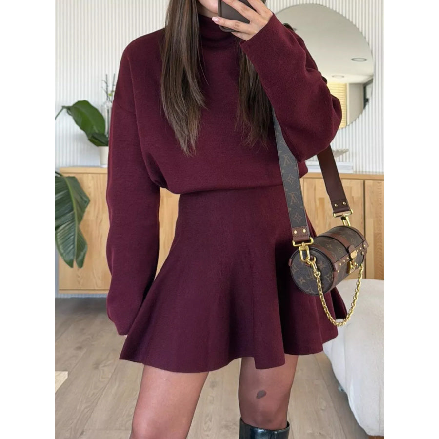 Turtleneck Dropped Shoulder Sweater and Skirt Set Apparel and Accessories