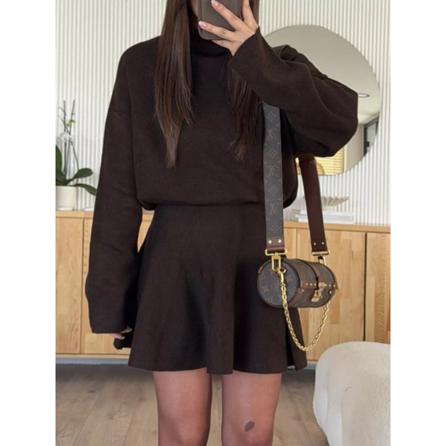 Turtleneck Dropped Shoulder Sweater and Skirt Set Apparel and Accessories