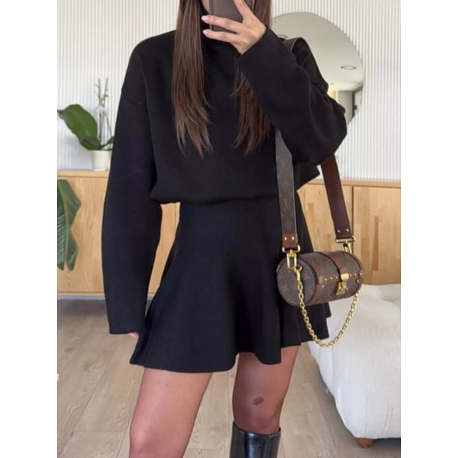 Turtleneck Dropped Shoulder Sweater and Skirt Set Black / S Apparel and Accessories