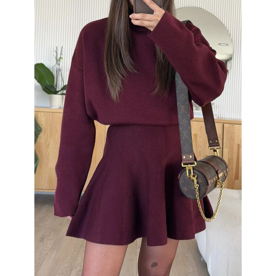Turtleneck Dropped Shoulder Sweater and Skirt Set Burgundy / S Apparel and Accessories