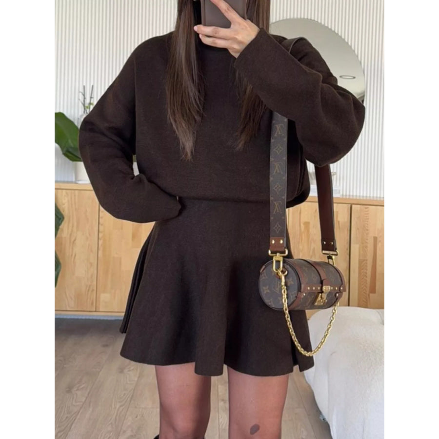 Turtleneck Dropped Shoulder Sweater and Skirt Set Coffee Brown / S Apparel and Accessories