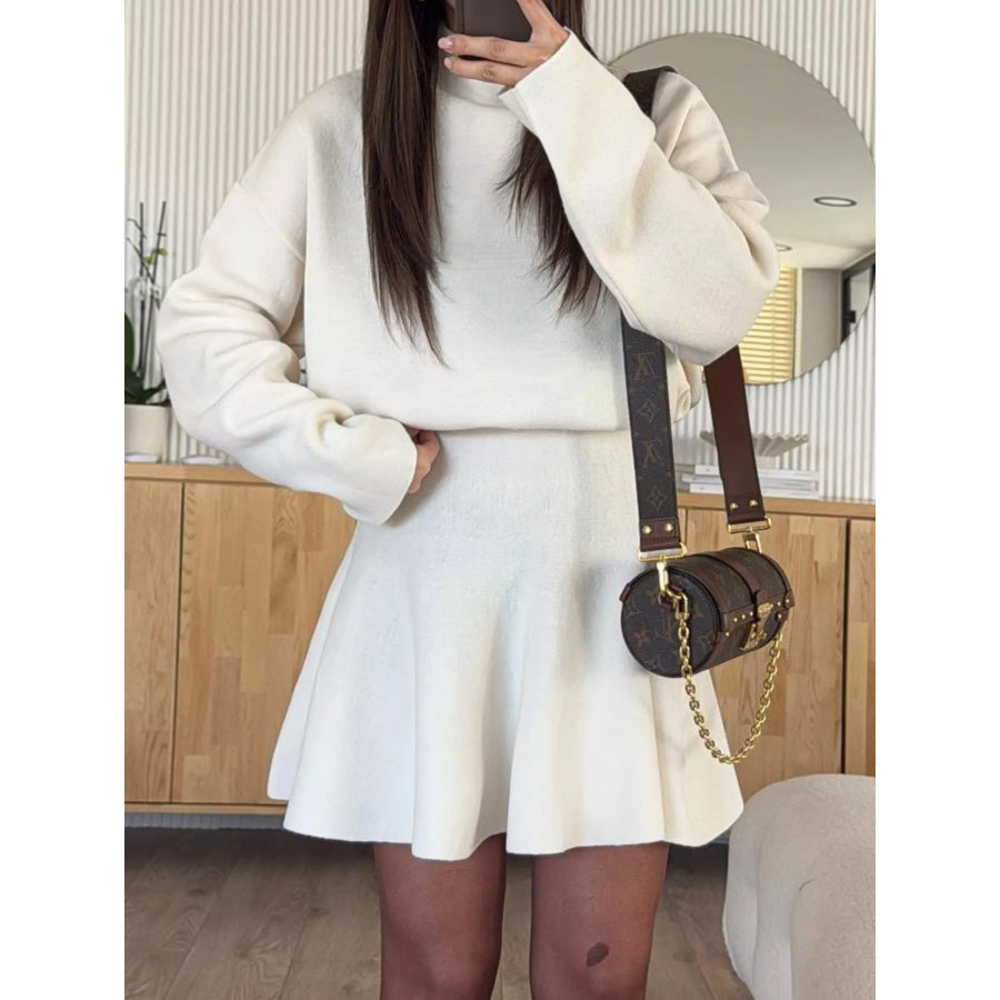 Turtleneck Dropped Shoulder Sweater and Skirt Set White / S Apparel and Accessories