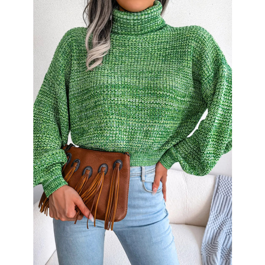 Turtleneck Dropped Shoulder Sweater Green / S Apparel and Accessories
