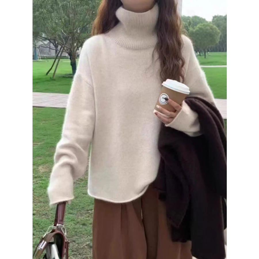 Turtleneck Dropped Shoulder Sweater Beige / S Apparel and Accessories