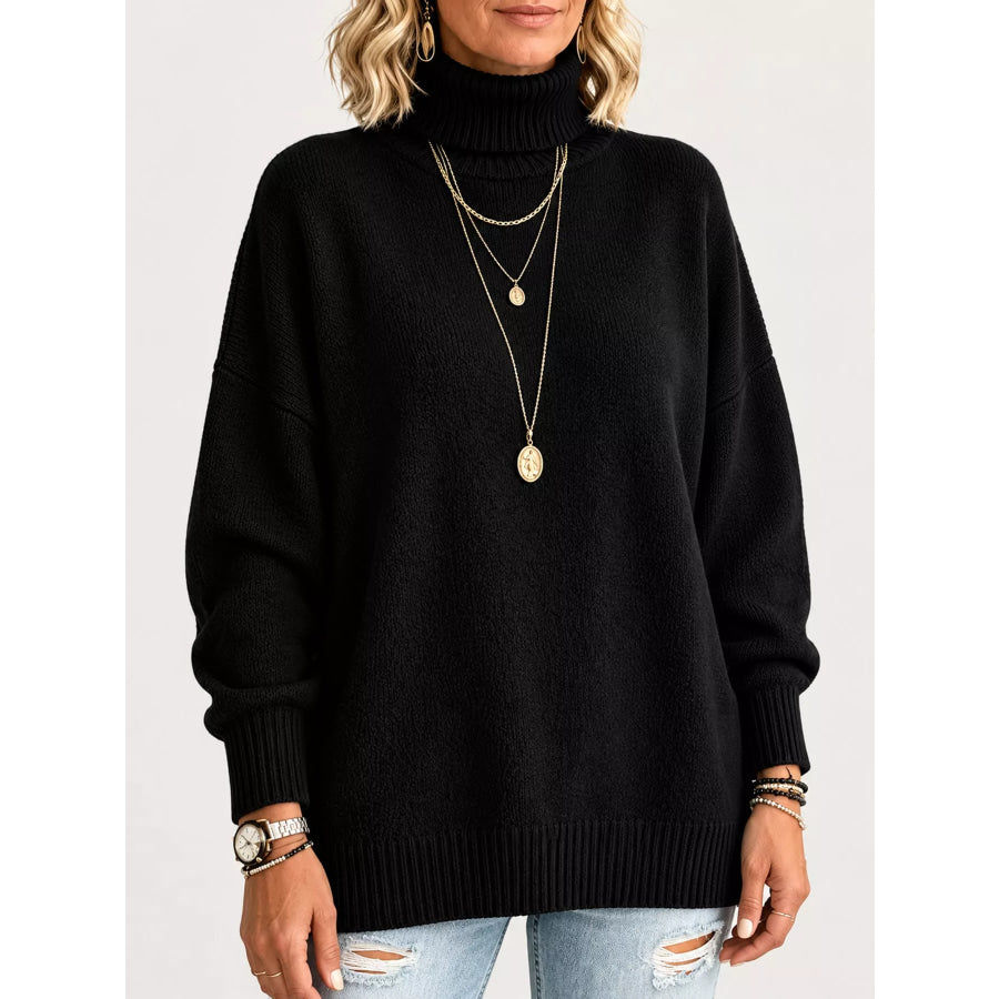 Turtleneck Dropped Shoulder Sweater Black / S Apparel and Accessories