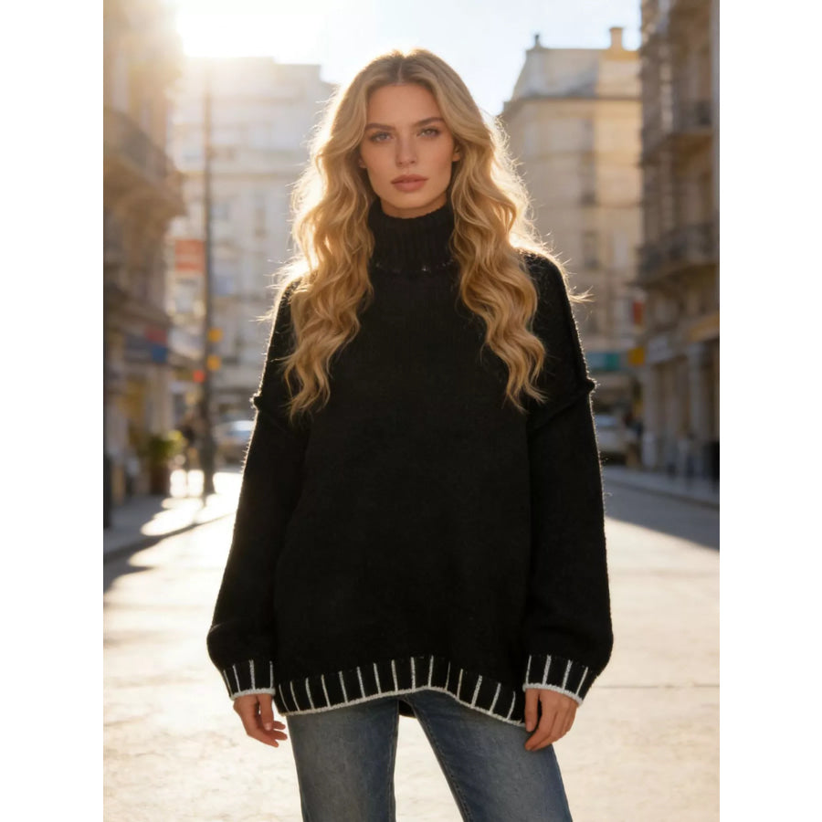 Turtleneck Dropped Shoulder Sweater Black / S Apparel and Accessories