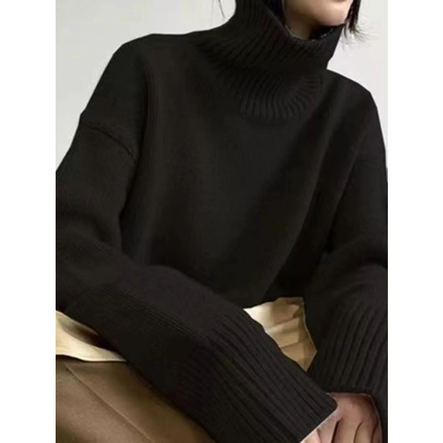 Turtleneck Dropped Shoulder Sweater Black / XS Apparel and Accessories
