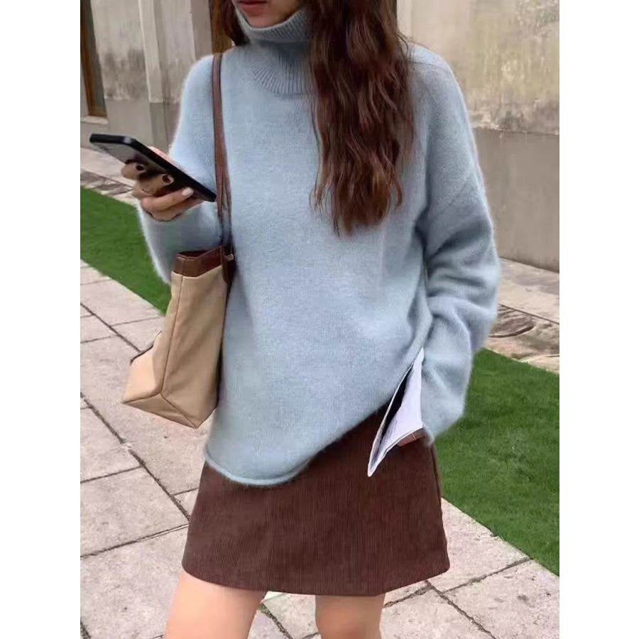 Turtleneck Dropped Shoulder Sweater Blue / S Apparel and Accessories