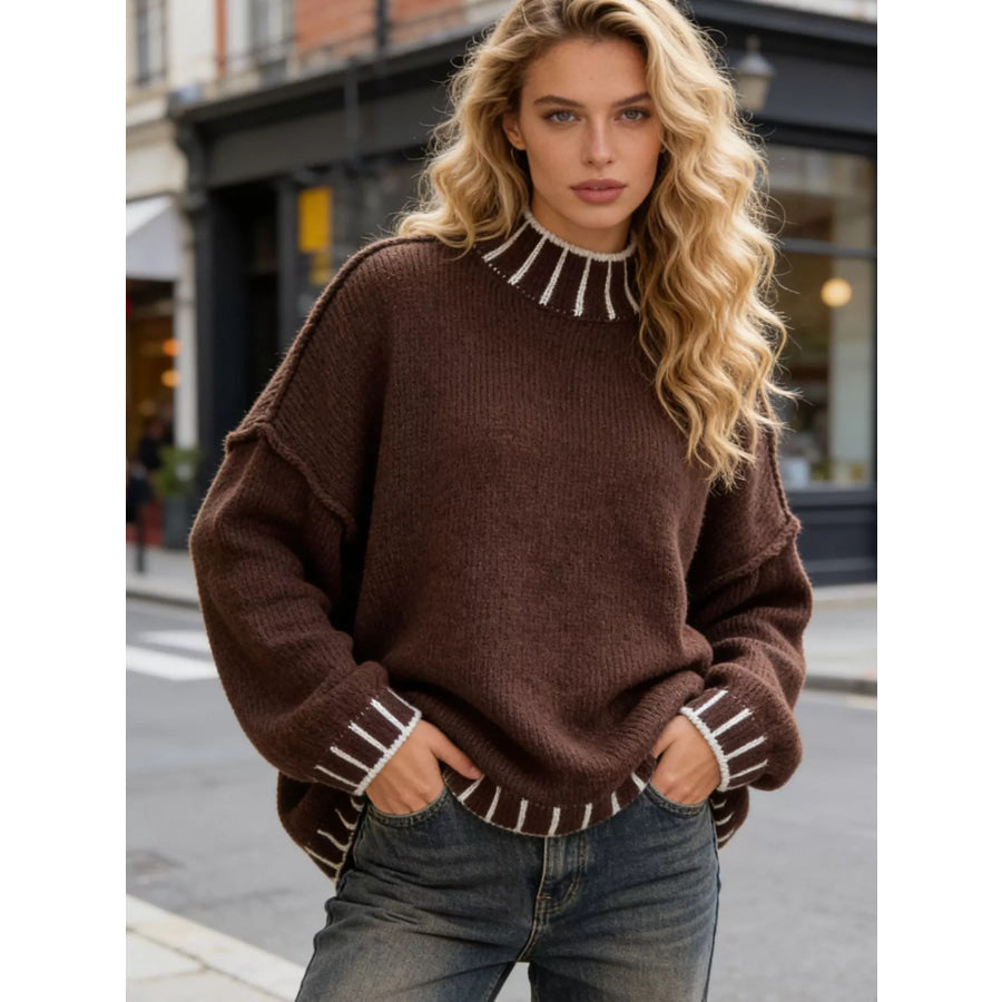 Turtleneck Dropped Shoulder Sweater Brown / S Apparel and Accessories