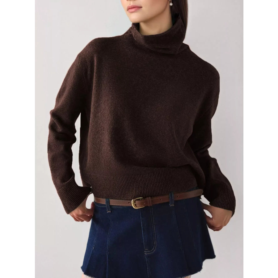 Turtleneck Dropped Shoulder Sweater Brown / S Apparel and Accessories