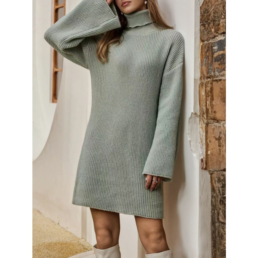 Turtleneck Dropped Shoulder Sweater Dress Sage / S