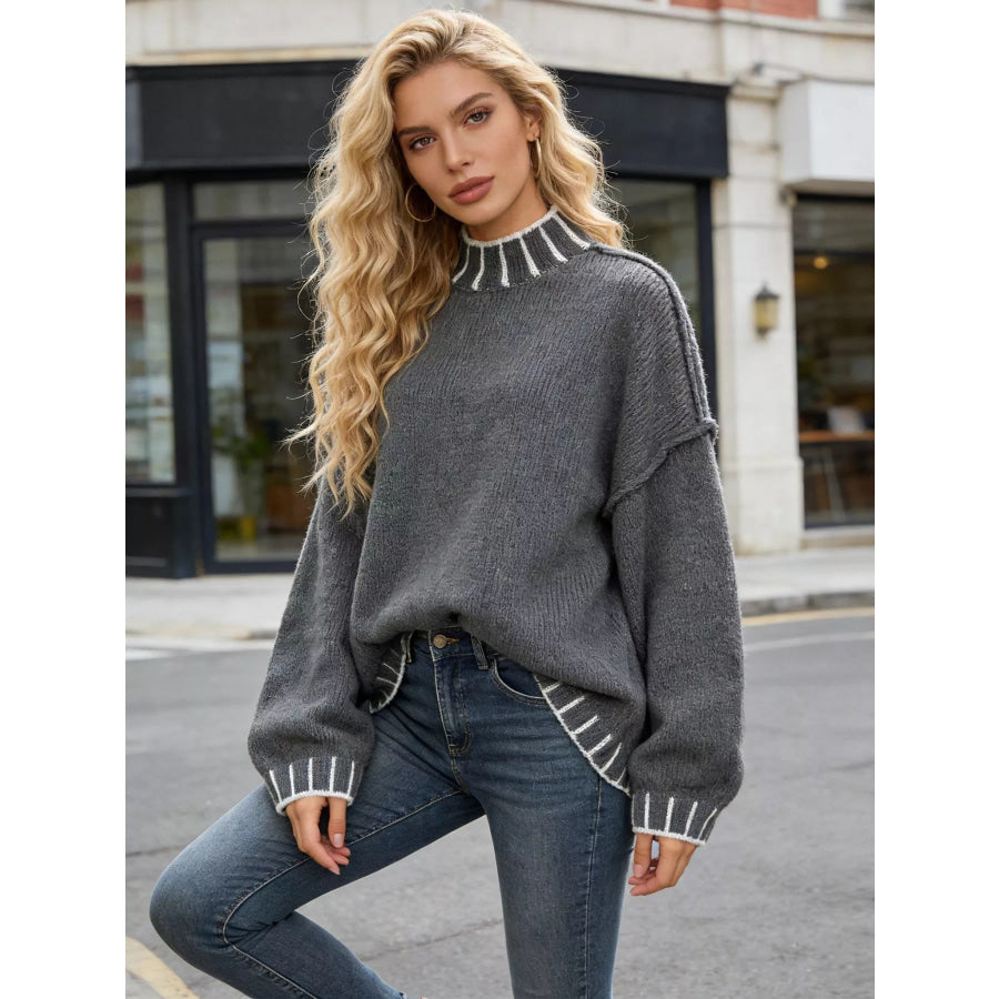 Turtleneck Dropped Shoulder Sweater Gray / S Apparel and Accessories