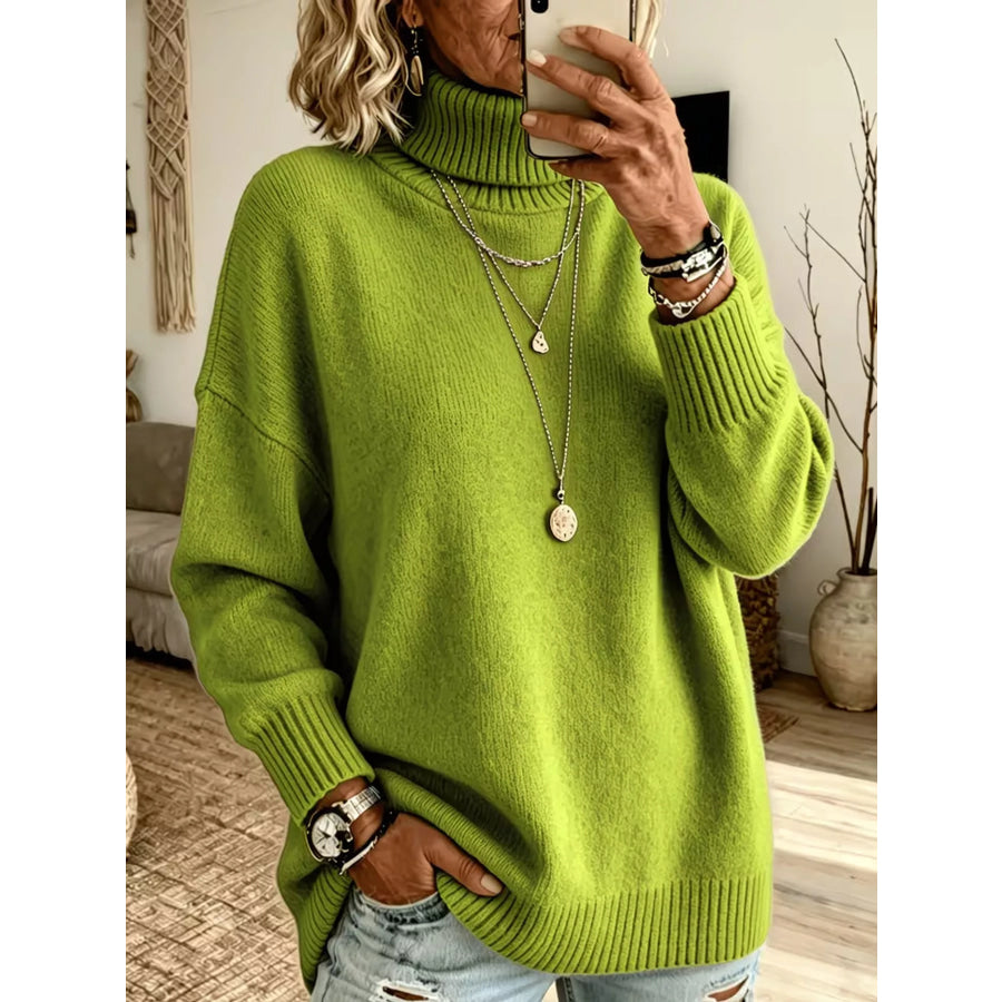 Turtleneck Dropped Shoulder Sweater Green / S Apparel and Accessories