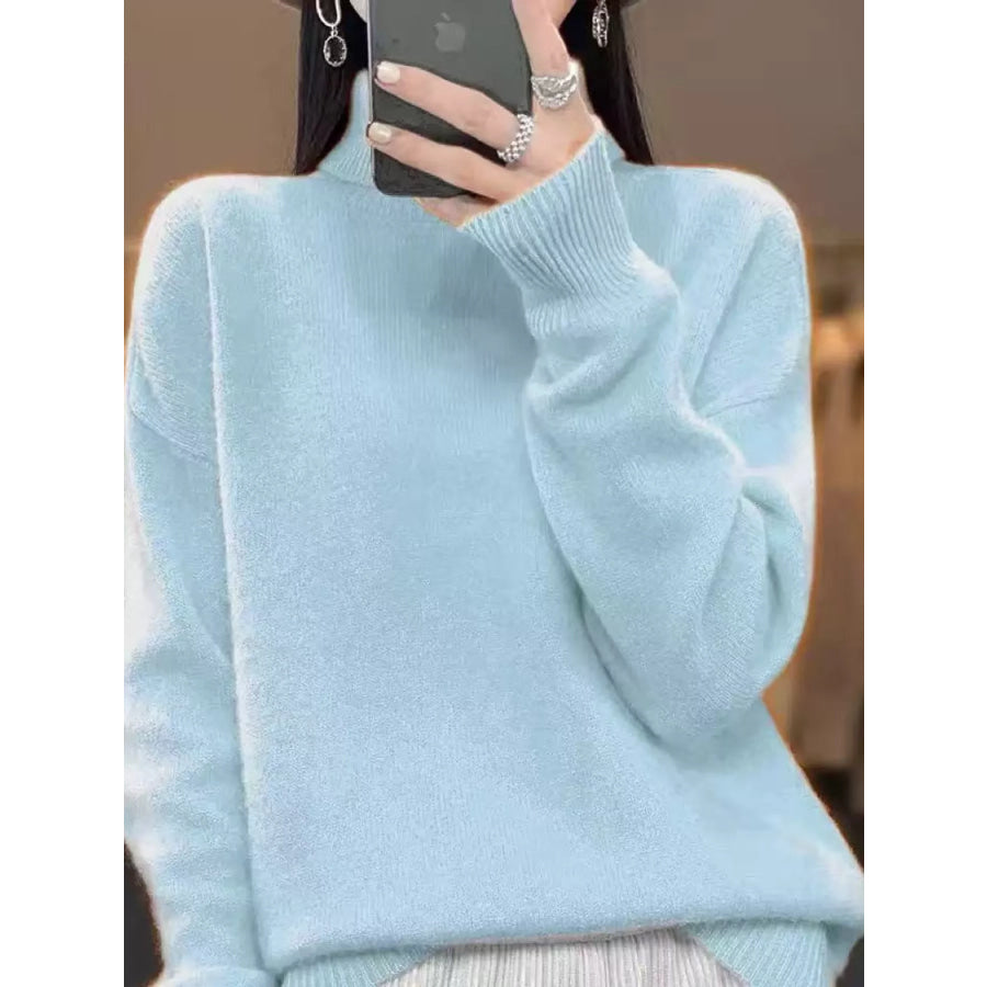 Turtleneck Dropped Shoulder Sweater Light Blue / XS Apparel and Accessories