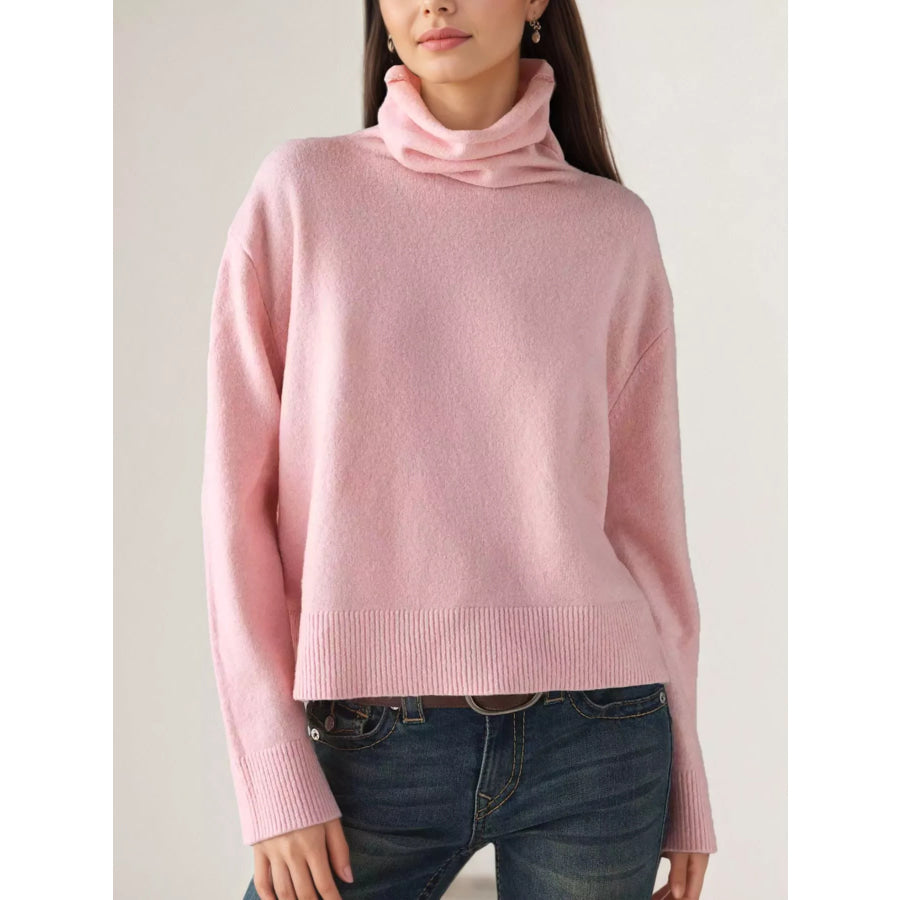 Turtleneck Dropped Shoulder Sweater Pink / S Apparel and Accessories