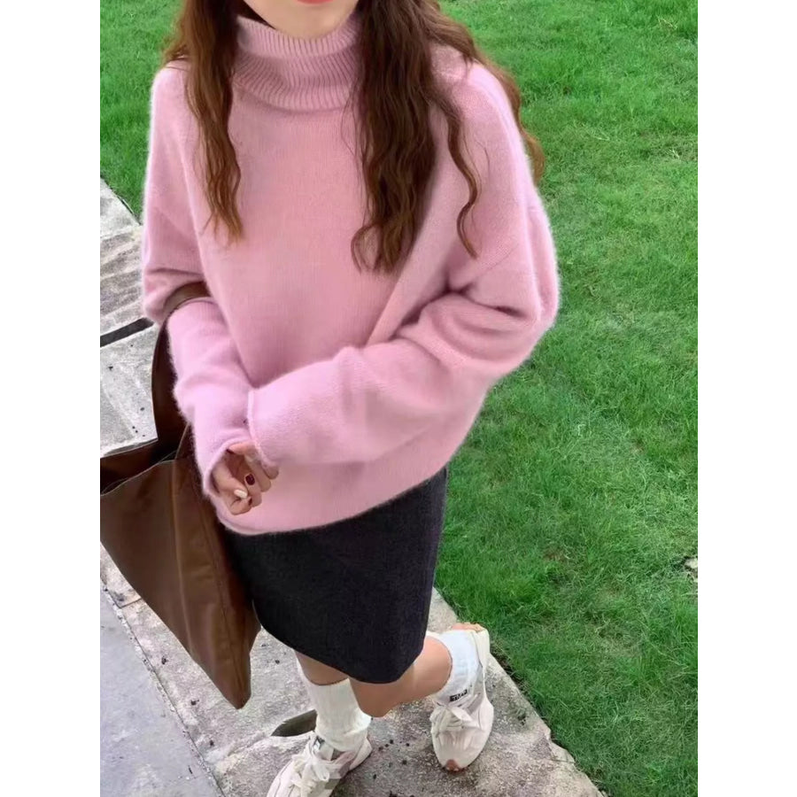 Turtleneck Dropped Shoulder Sweater Pink / S Apparel and Accessories