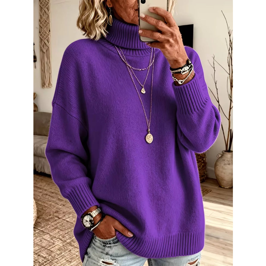 Turtleneck Dropped Shoulder Sweater Purple / S Apparel and Accessories