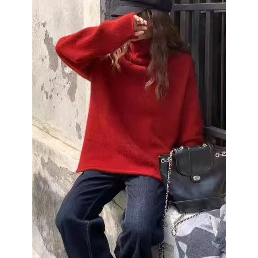 Turtleneck Dropped Shoulder Sweater Red / S Apparel and Accessories
