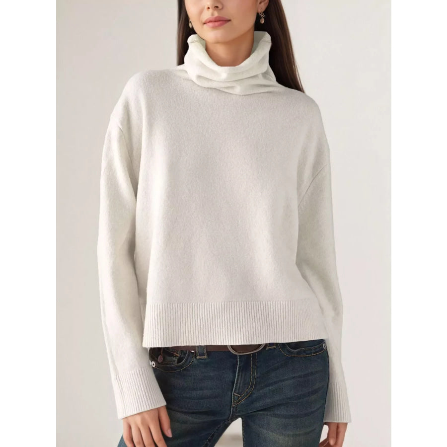 Turtleneck Dropped Shoulder Sweater White / S Apparel and Accessories