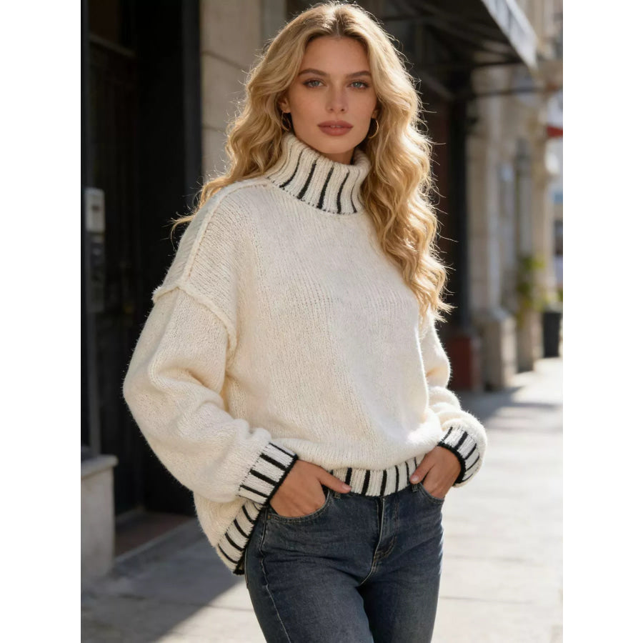 Turtleneck Dropped Shoulder Sweater White / S Apparel and Accessories