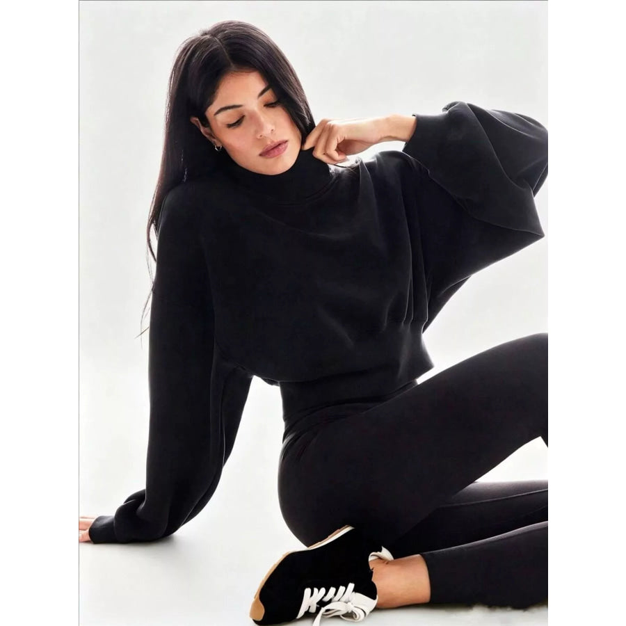 Turtleneck Dropped Shoulder Sweatshirt Black / S Apparel and Accessories