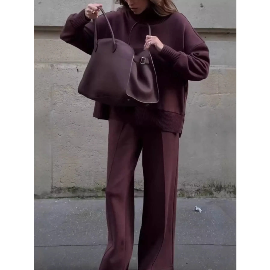 Turtleneck Dropped Shoulder Top and Pants Set Apparel and Accessories