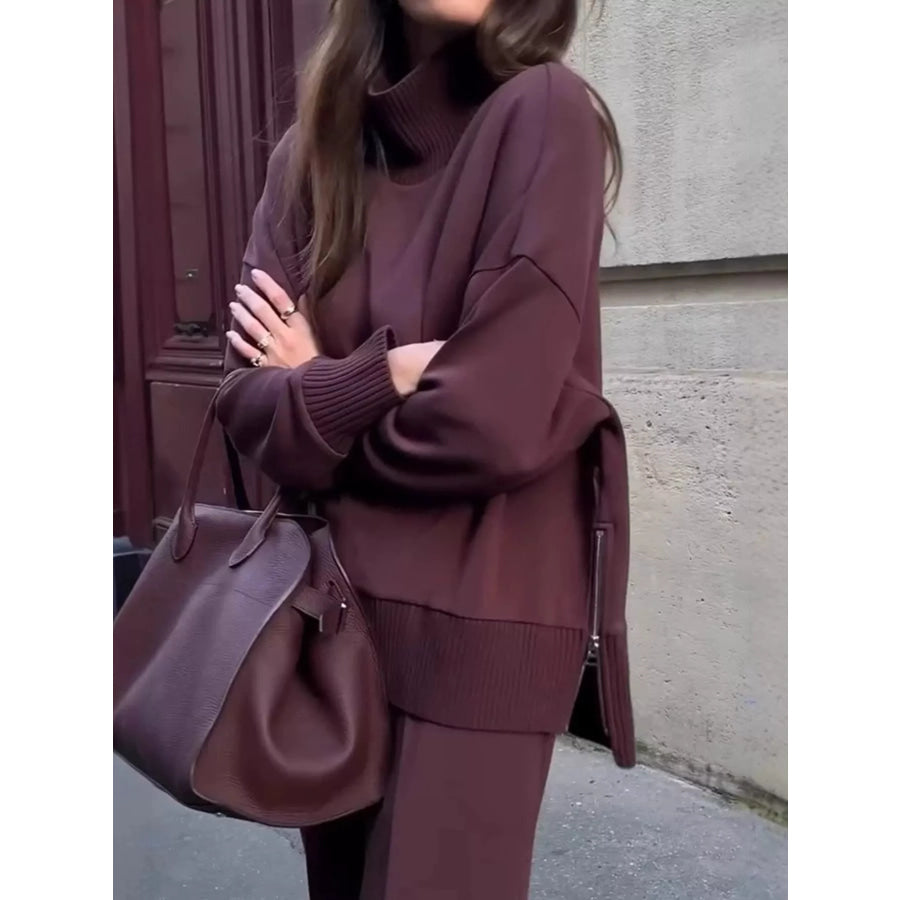 Turtleneck Dropped Shoulder Top and Pants Set Apparel and Accessories