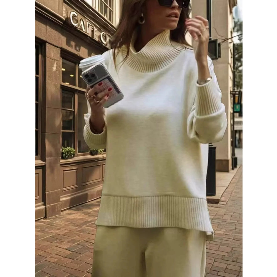 Turtleneck Dropped Shoulder Top and Pants Set Apricot / S Apparel and Accessories