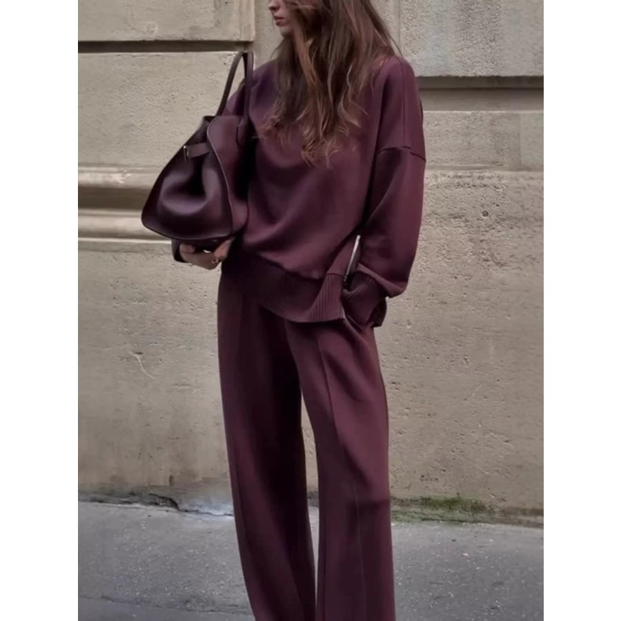 Turtleneck Dropped Shoulder Top and Pants Set Wine Red / S Apparel and Accessories