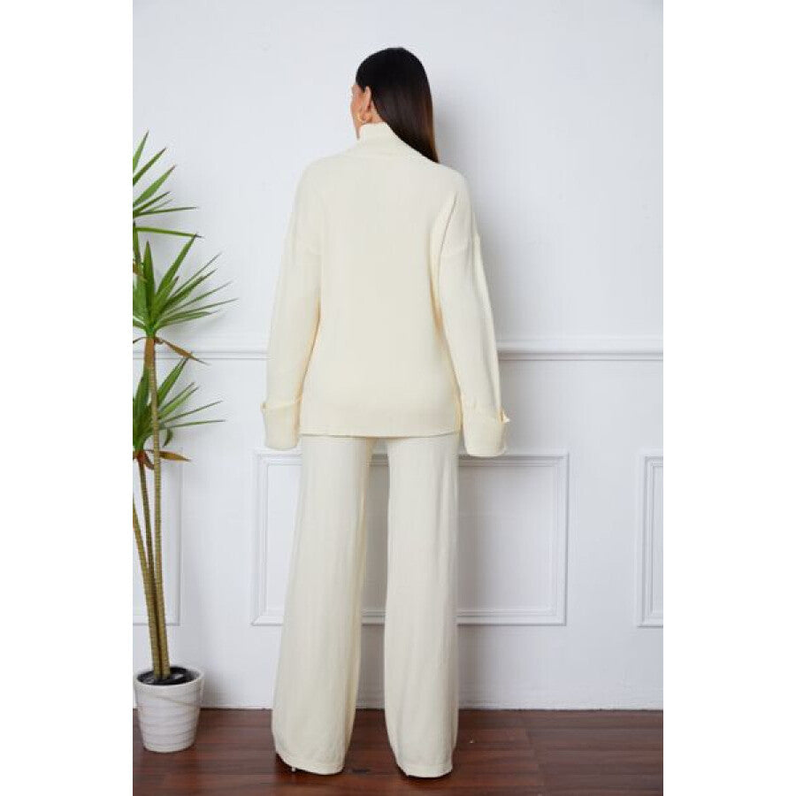 Turtleneck Dropped Shoulder Top and Pants Sweater Set Ivory / One Size Apparel and Accessories