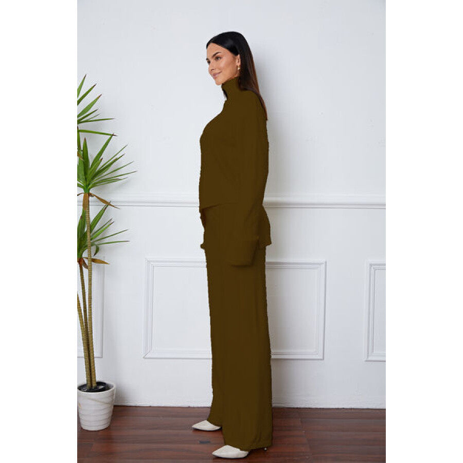 Turtleneck Dropped Shoulder Top and Pants Sweater Set Apparel and Accessories