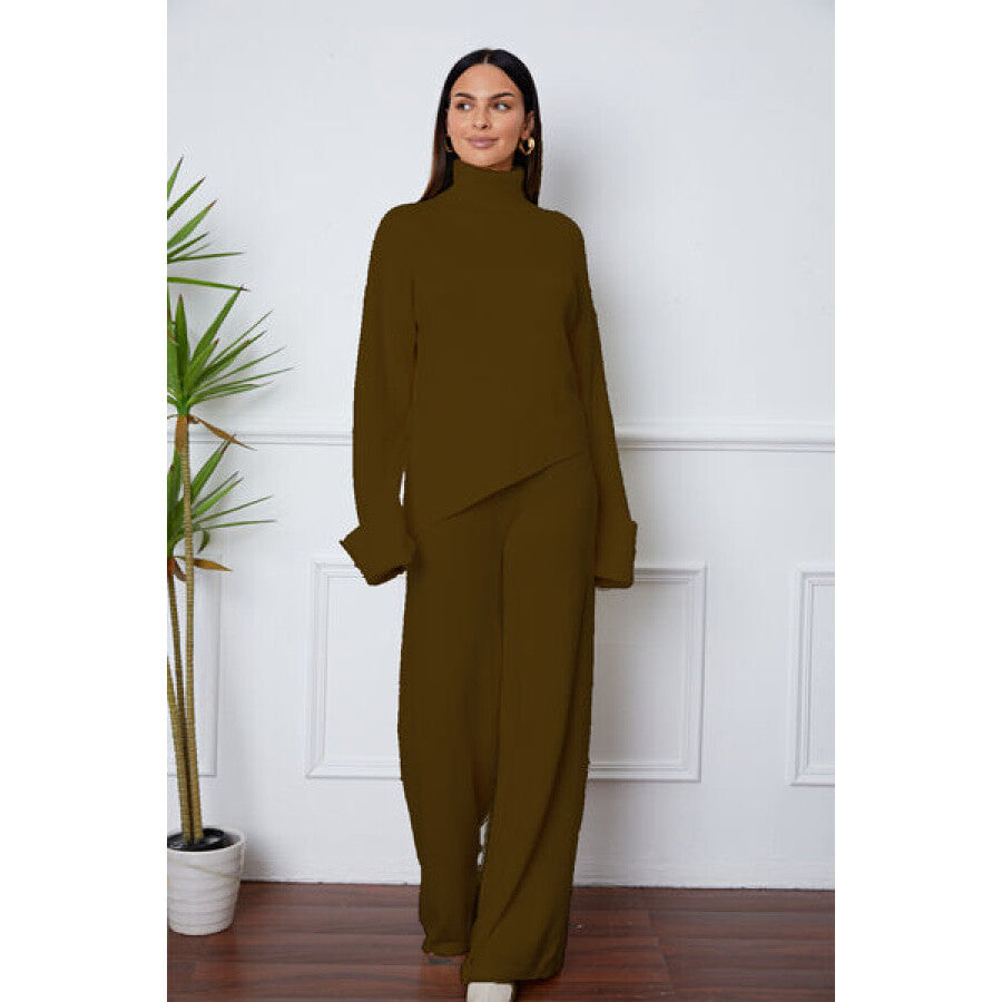 Turtleneck Dropped Shoulder Top and Pants Sweater Set Chocolate / One Size Apparel and Accessories
