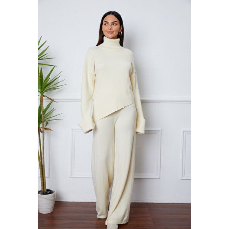 Turtleneck Dropped Shoulder Top and Pants Sweater Set Ivory / One Size Apparel and Accessories