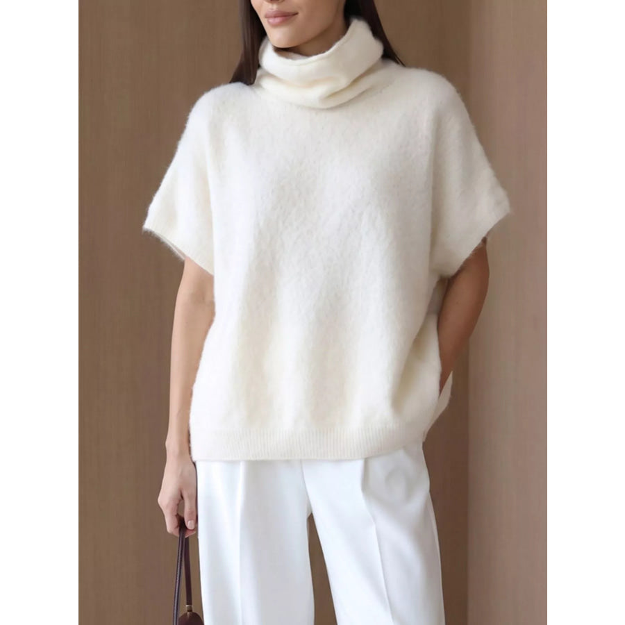 Turtleneck Fuzzy Short Sleeve Sweater Apparel and Accessories