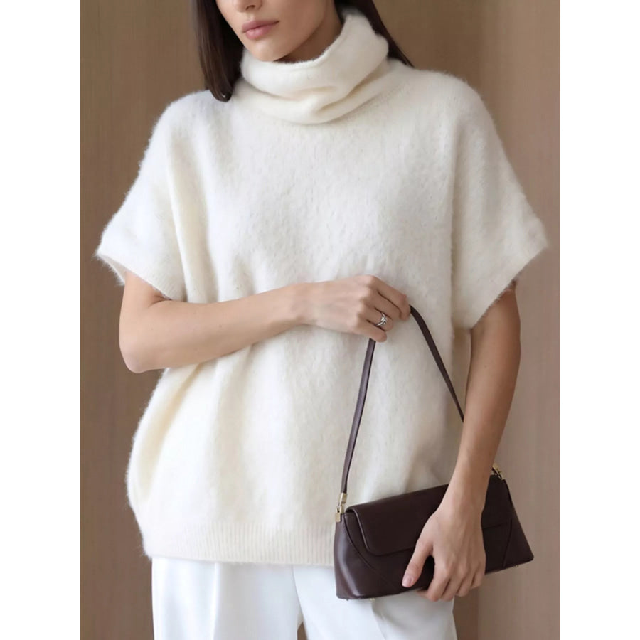 Turtleneck Fuzzy Short Sleeve Sweater Apparel and Accessories