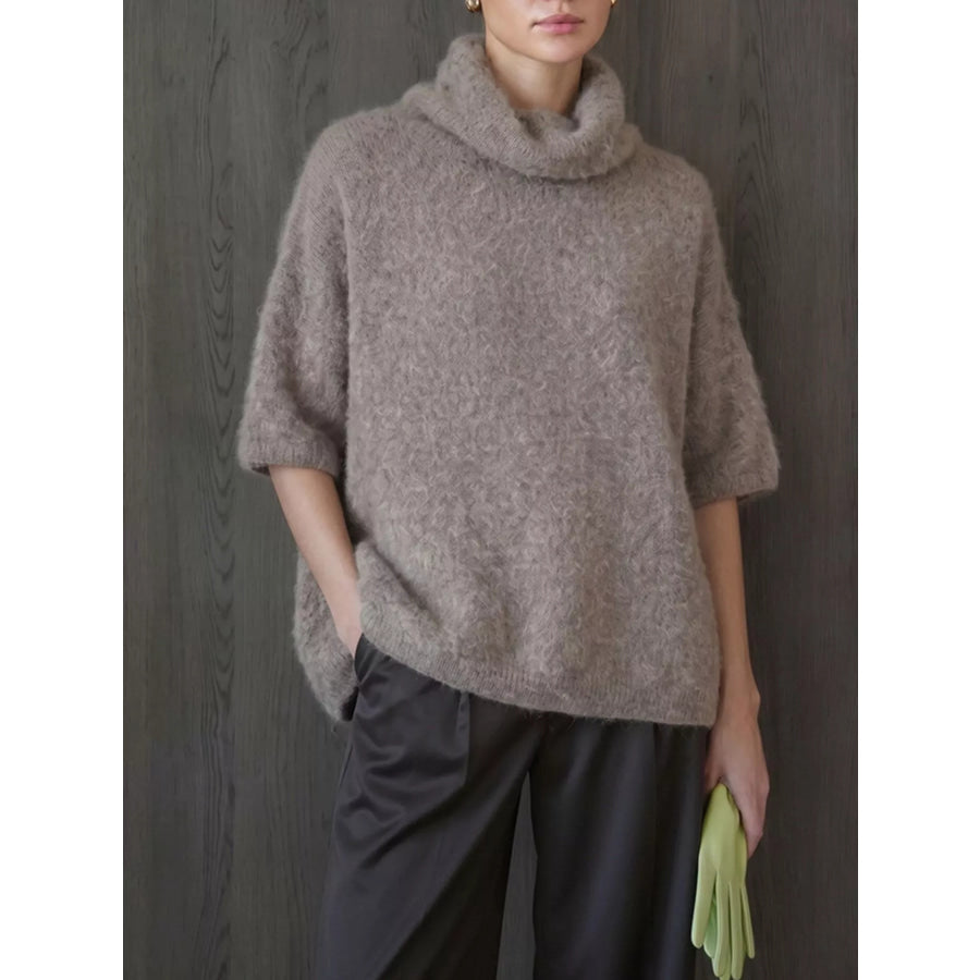 Turtleneck Fuzzy Short Sleeve Sweater Apparel and Accessories