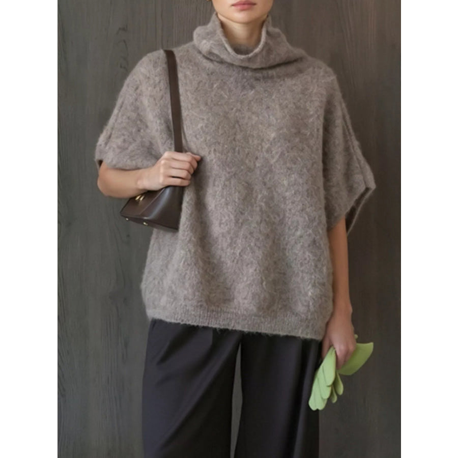 Turtleneck Fuzzy Short Sleeve Sweater Apparel and Accessories