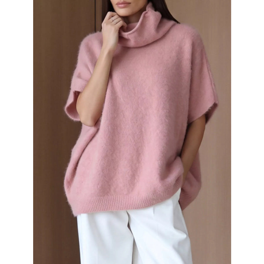 Turtleneck Fuzzy Short Sleeve Sweater Apparel and Accessories