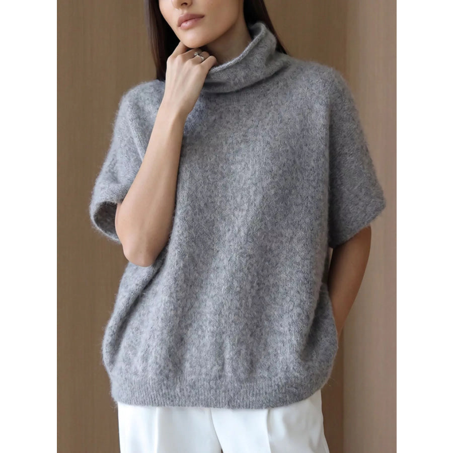 Turtleneck Fuzzy Short Sleeve Sweater Apparel and Accessories