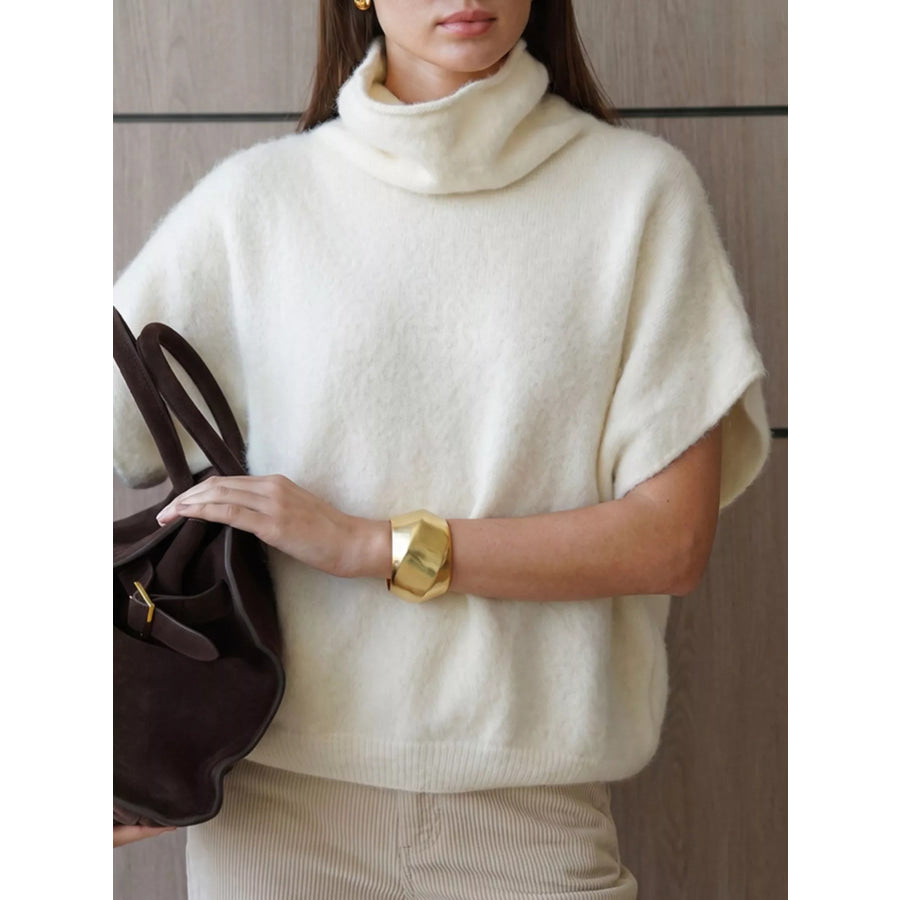 Turtleneck Fuzzy Short Sleeve Sweater Apparel and Accessories