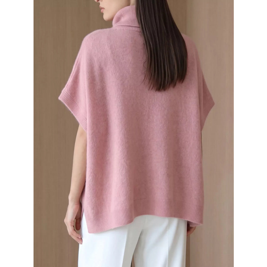 Turtleneck Fuzzy Short Sleeve Sweater Apparel and Accessories