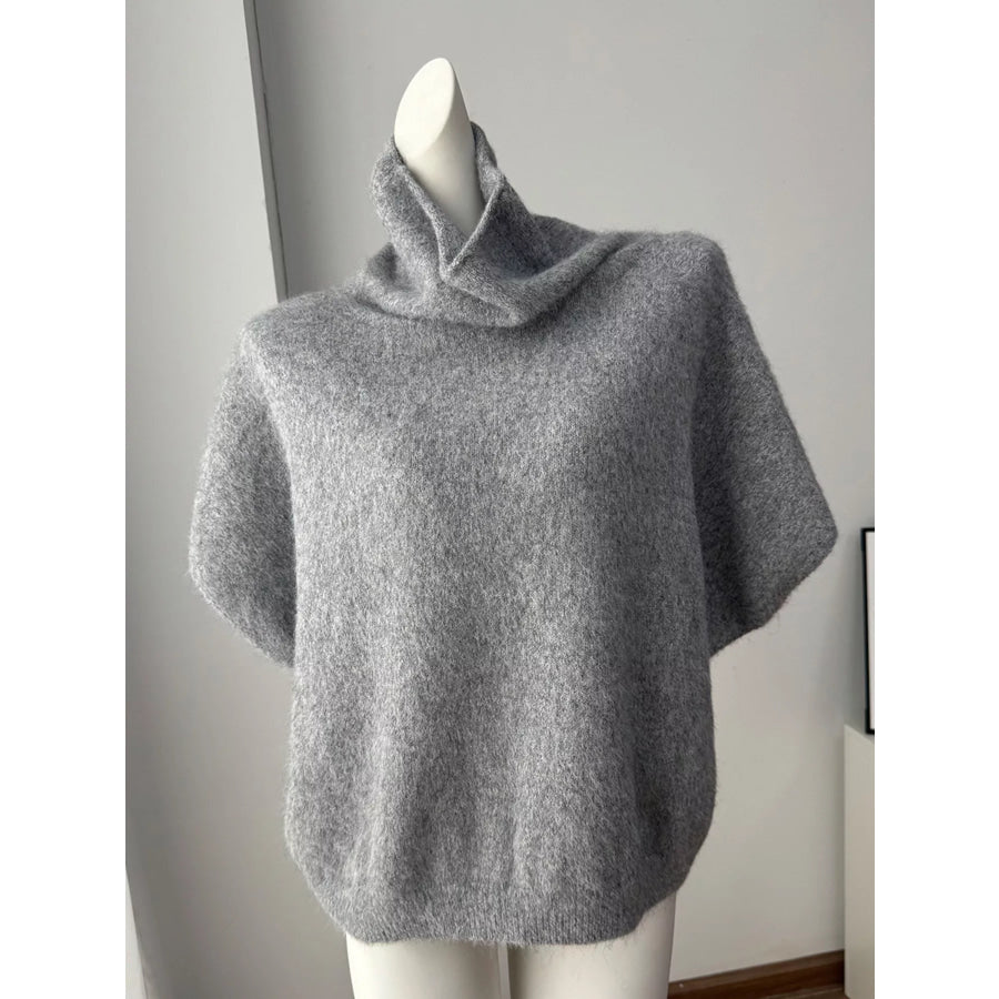 Turtleneck Fuzzy Short Sleeve Sweater Apparel and Accessories