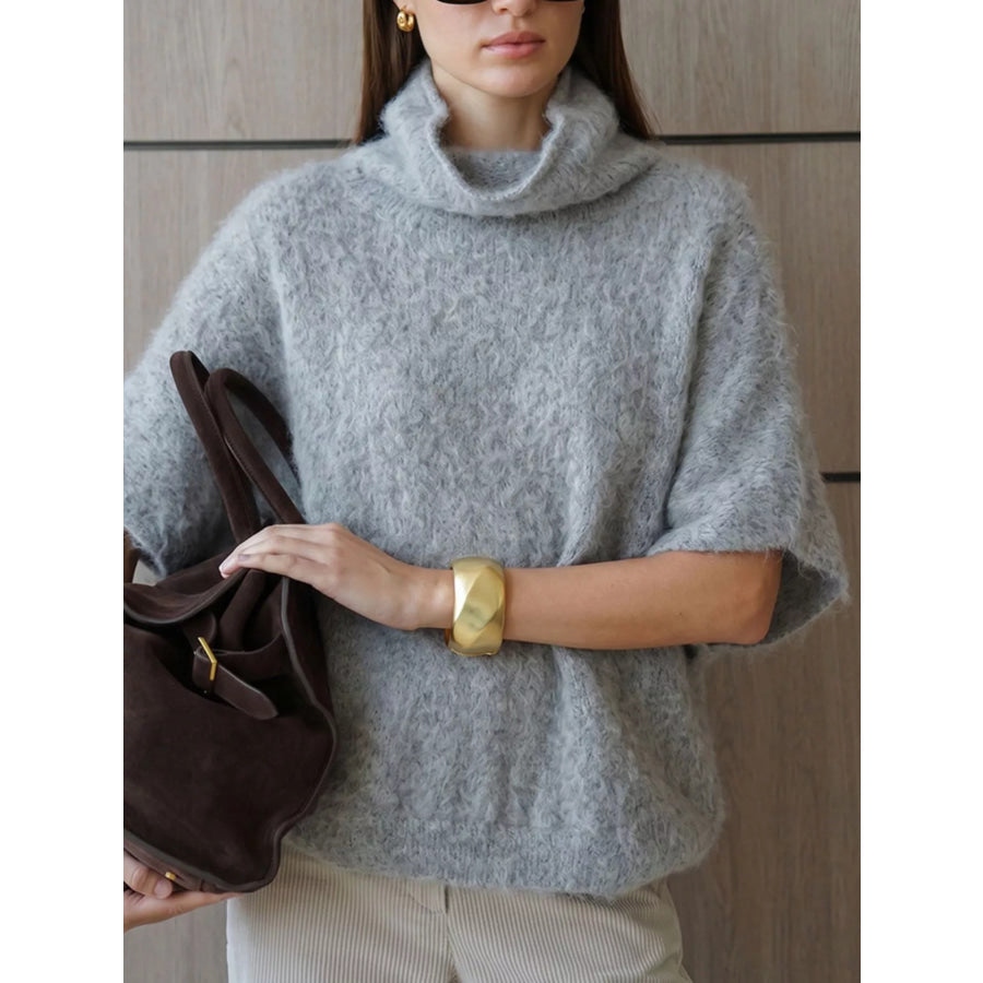Turtleneck Fuzzy Short Sleeve Sweater Apparel and Accessories